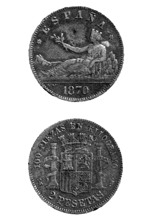 Spanien, 2 Pesetas 1870 mit lagernder Hispania und dem Felsen von Gibraltar