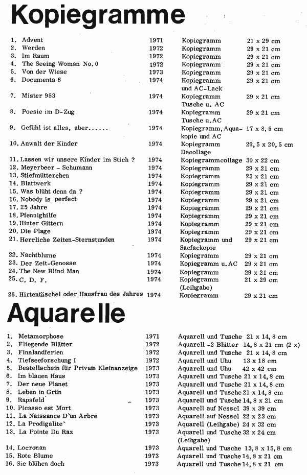 (Katalog  1974, letzte Seite):  Kopiegramme und Aquarelle